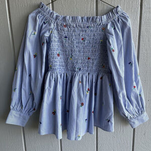 SUNO Smocked Off Shoulder Embroidered Floral Top‎ Striped Blue Size 2